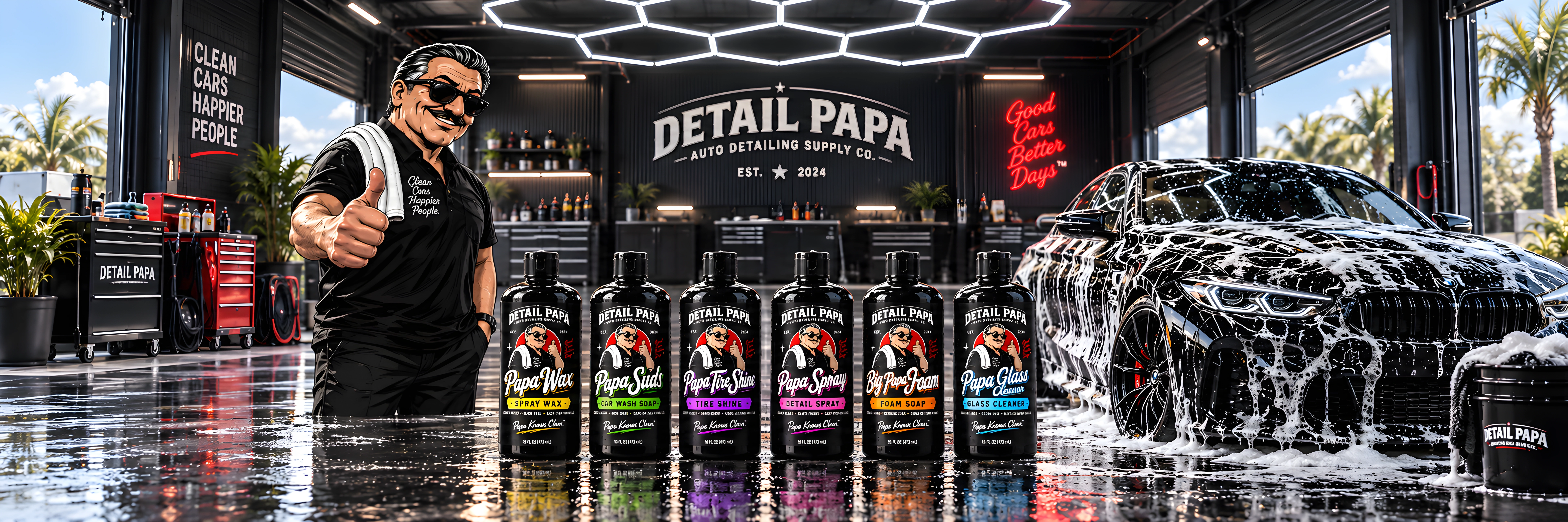 Papa gives a thumbs-up beside six Detail Papa car-care bottles and a soapy black car in an open, sunlit garage with hexagonal lights and water reflecting across the floor.