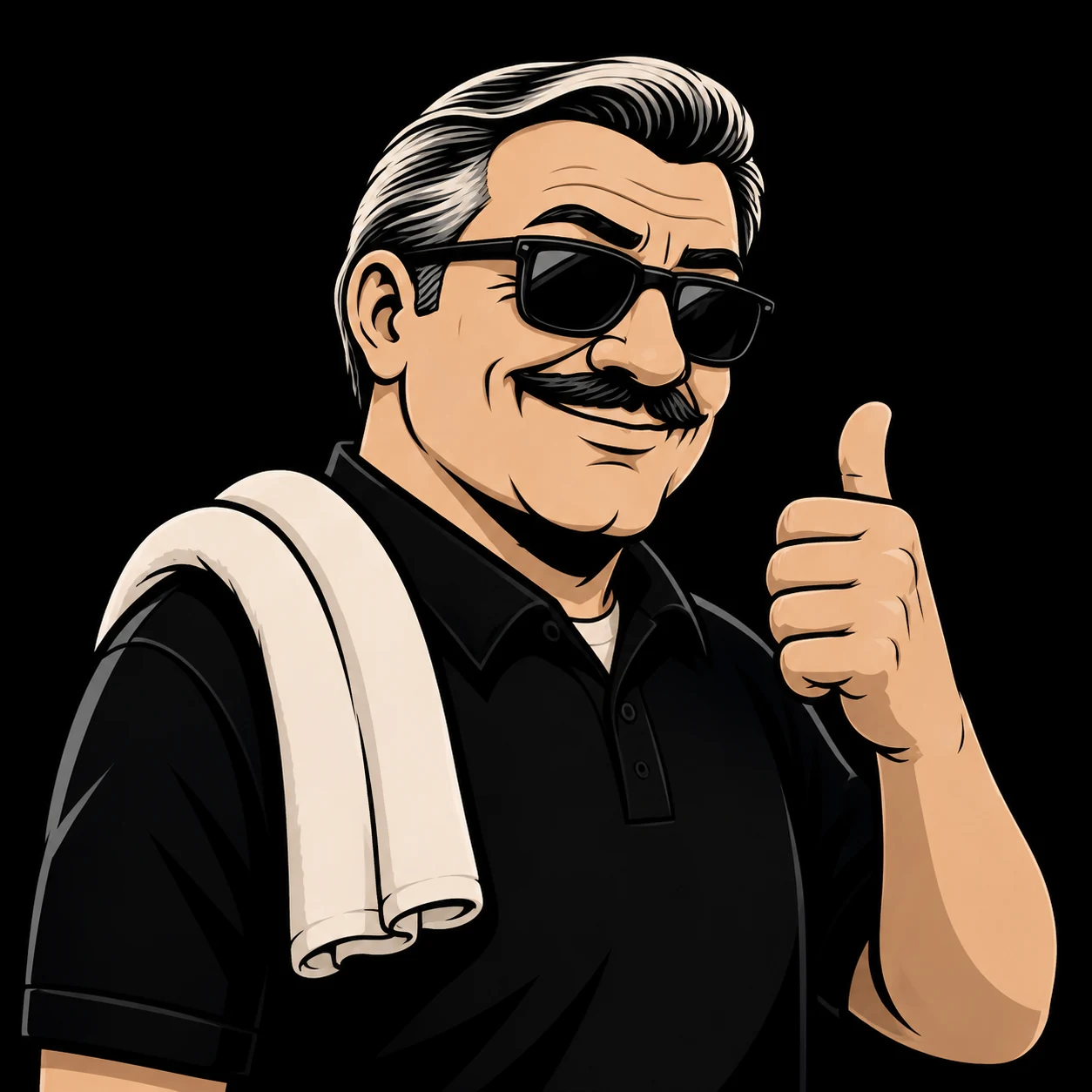 Papa, with his signature sunglasses, mustache and thumbs-up.